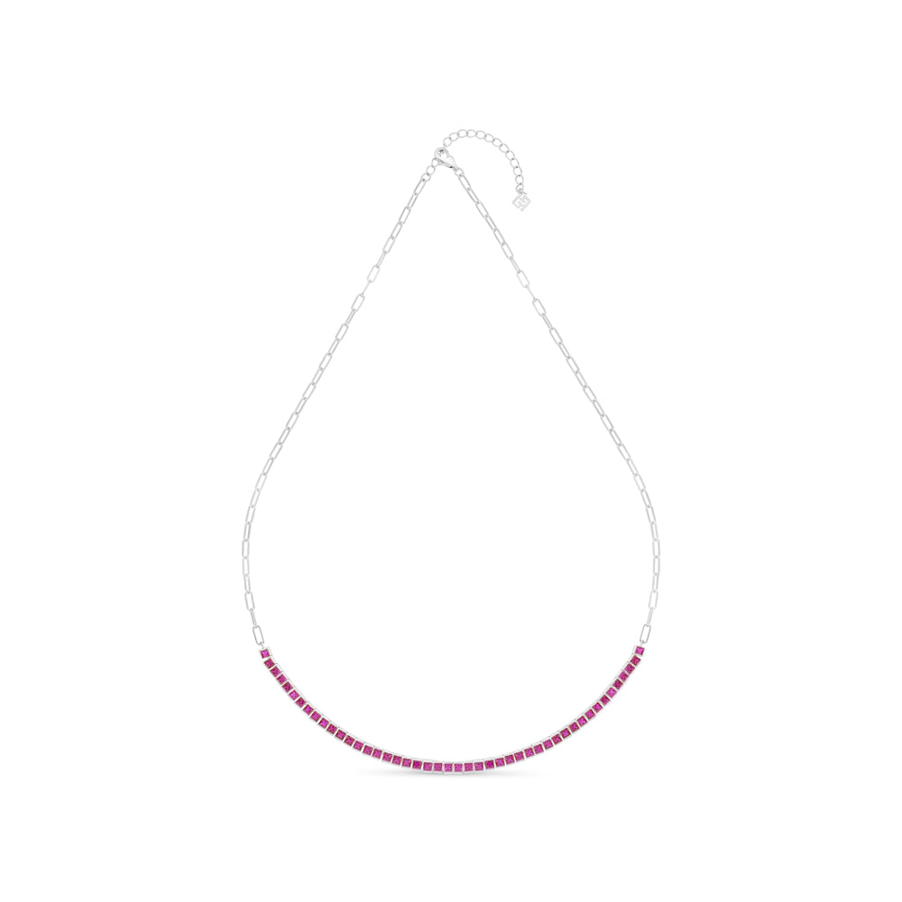 عقد من الفضة الخالصة عيار 925 مطلي روديوم مرصع ياقوت كروندوم و فص ابيض