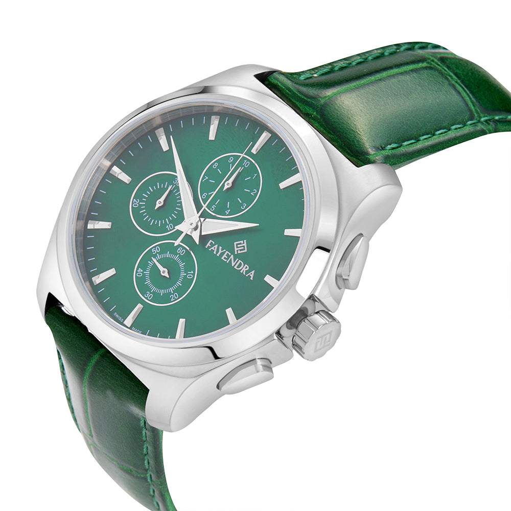 ساعة رجالي ستانلس ستيل عيار L316 بلون فضي جلد اخضر - مينا حجر صدف ام اللالئ الاخضر