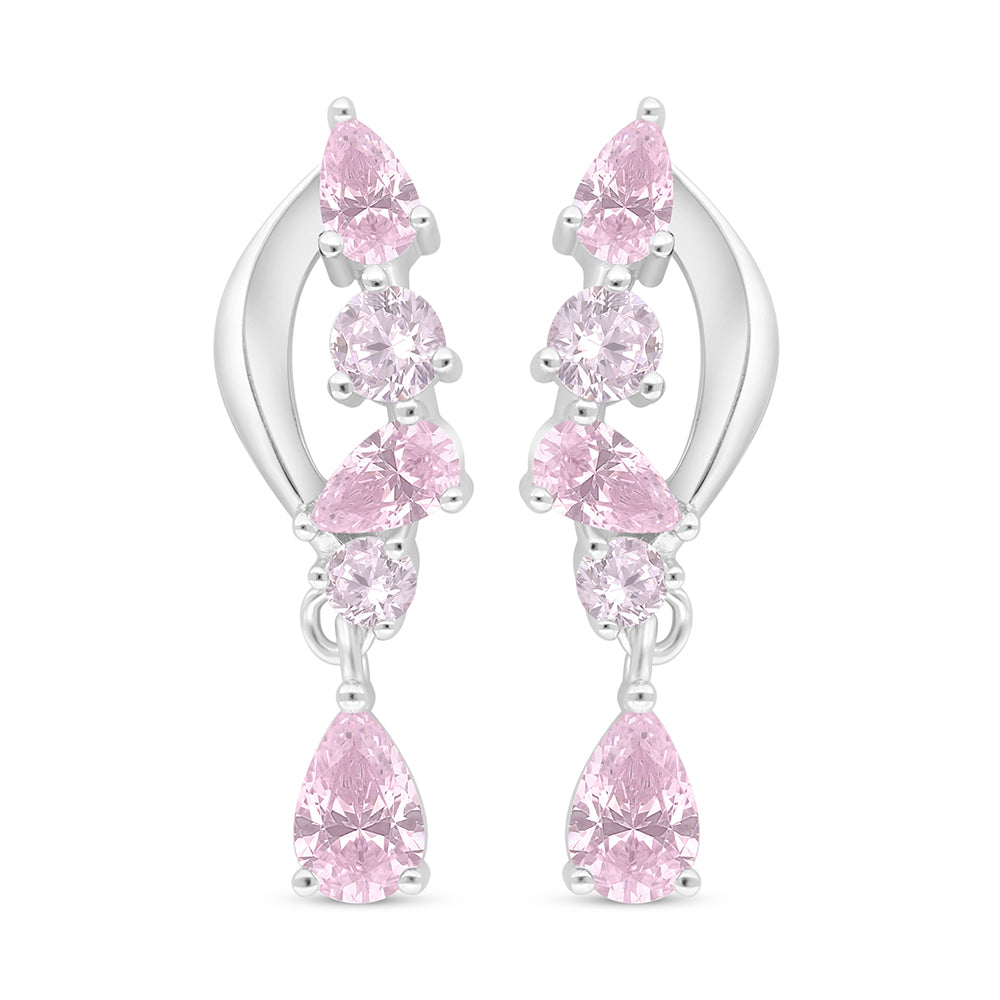 Sterling Silver 925 Earring Rhodium Plated Embedded With Pink Zircon