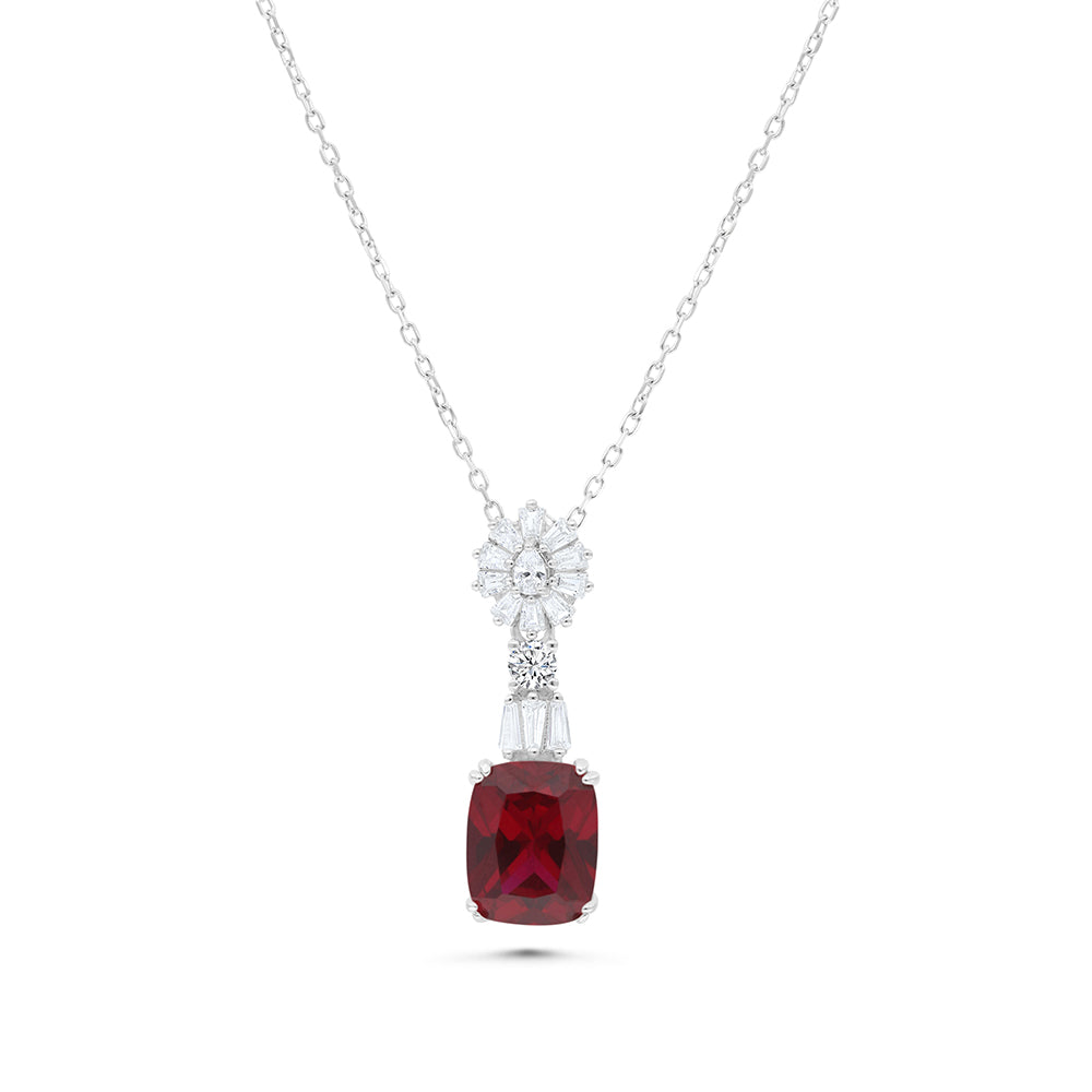 Sterling Silver 925 Necklace Rhodium Plated Embedded With Ruby Corundum And White Zircon