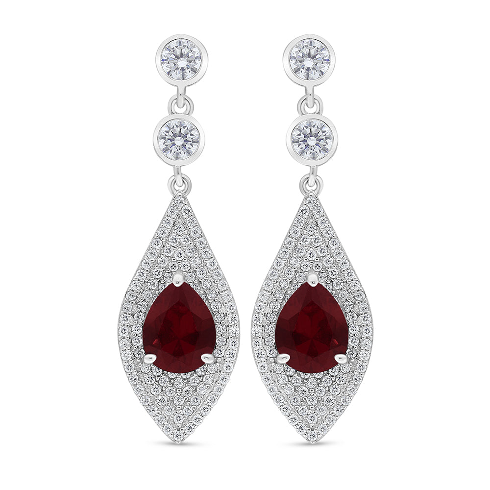 Sterling Silver 925 Earring Rhodium Plated Embedded With Ruby Corundum And White Zircon