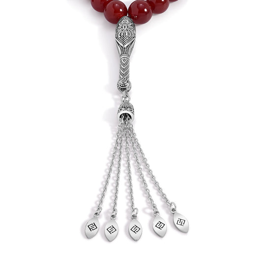 سبحة 33 احجار عقيق احمر غامق بيلية كابشون 12 مم طقم ستانلس ستيل عيار 316L مطلى فضي واسود