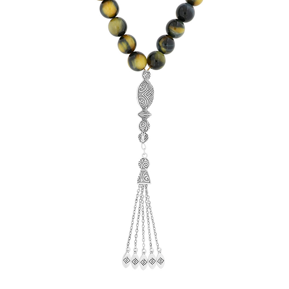 Rosary 33 Sterling Silver 925 Set Oxidized Embedded With Dreamy Tiger Eye Bead 12 mm LOGO