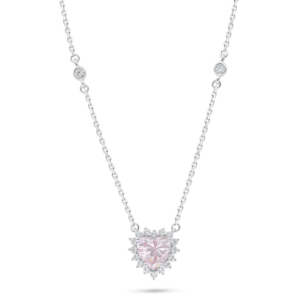 Sterling Silver 925 Necklace Rhodium Plated Embedded With Pink Zircon And White Zircon