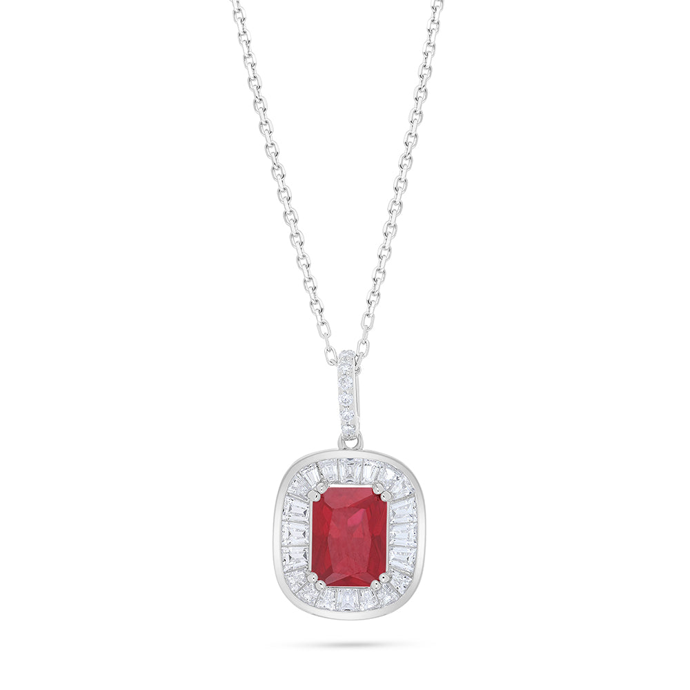Sterling Silver 925 Necklace Rhodium Plated Embedded With Ruby Corundum And White Zircon