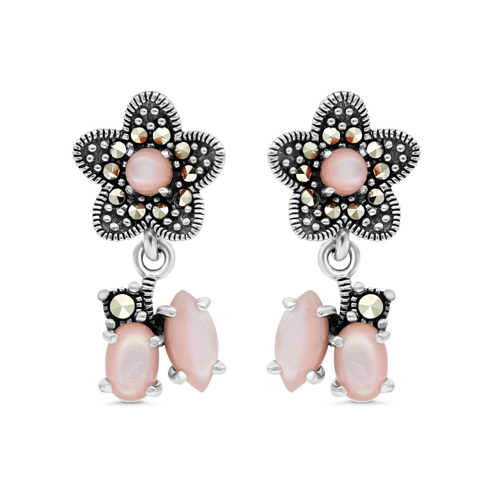 Sterling Silver 925 Earring Embedded With Natural Pink Shell And Marcasite Stones