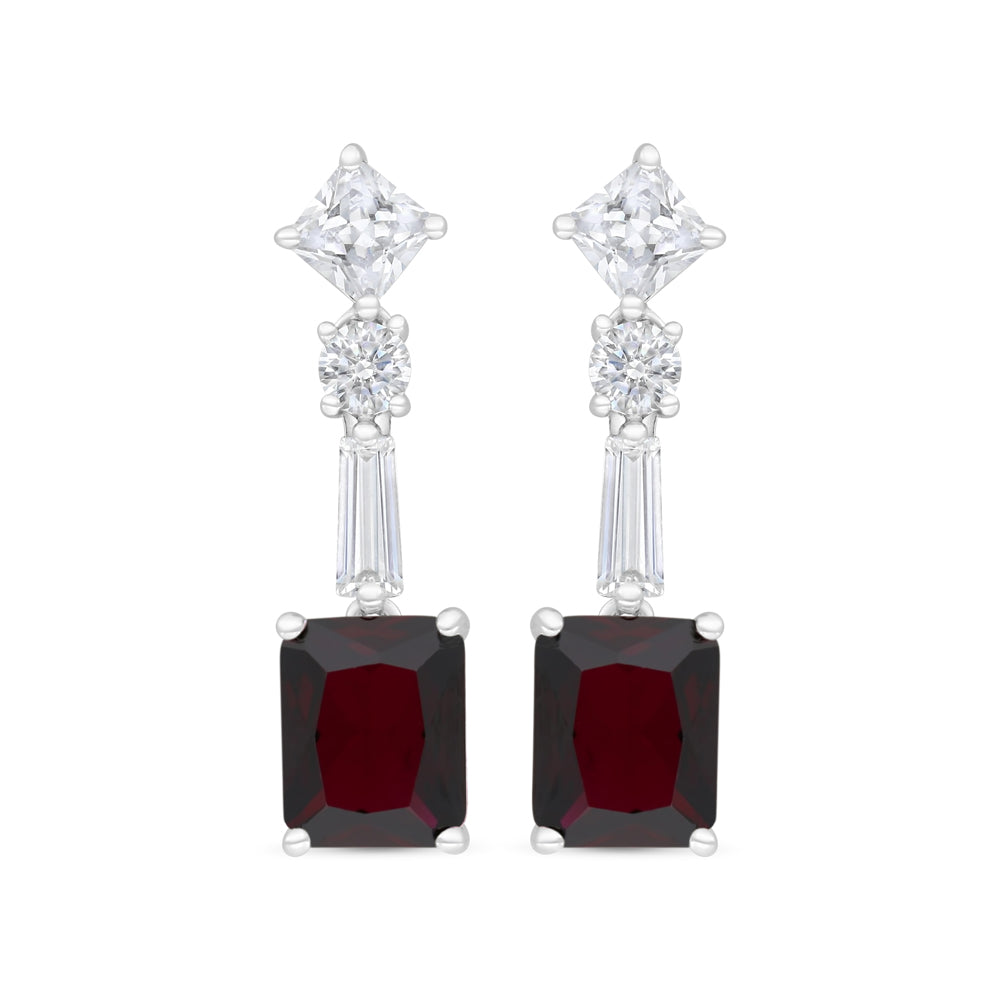 Sterling Silver 925 Earring Rhodium Plated Embedded With Ruby Corundum And White CZ