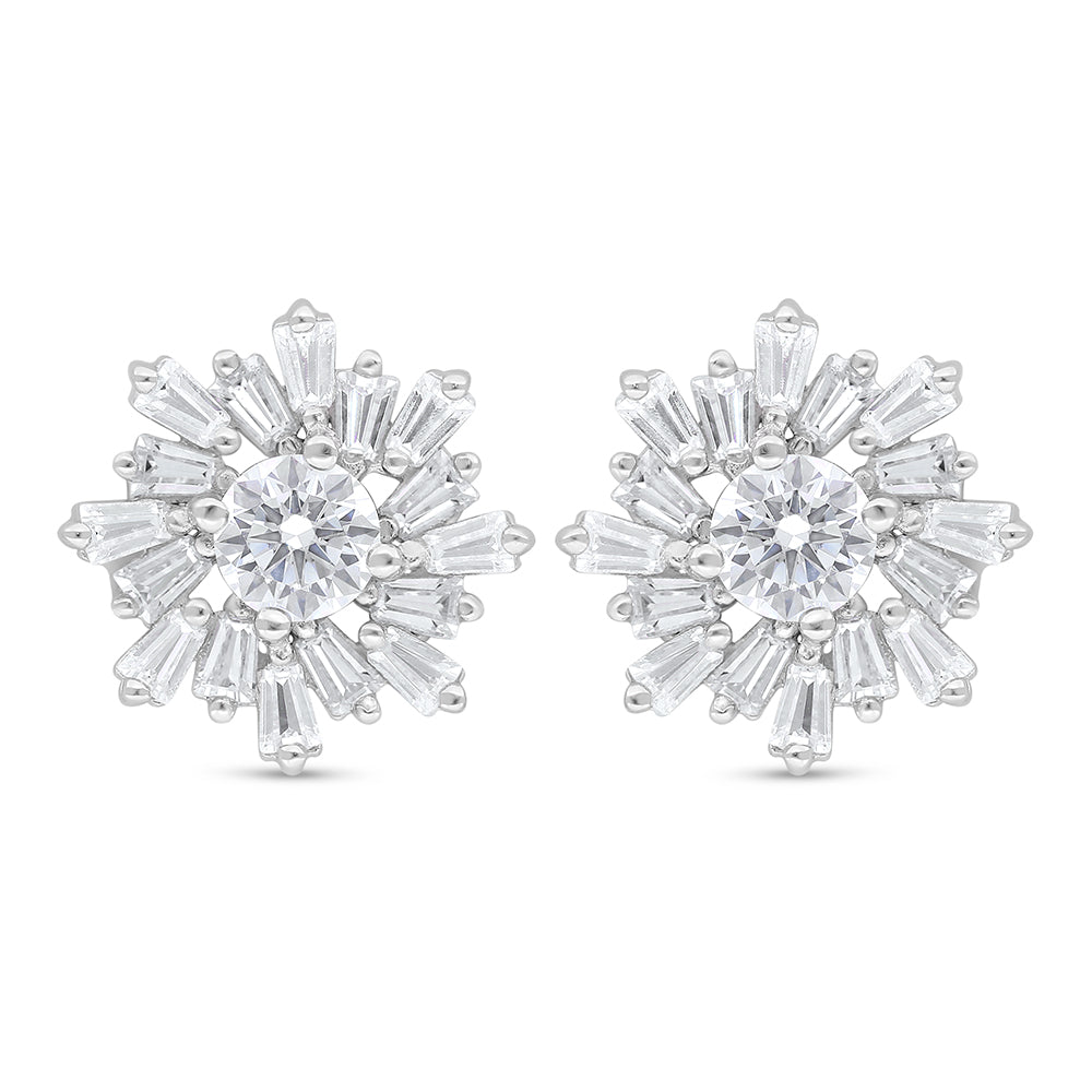Sterling Silver 925 Earring Rhodium Plated Embedded With White Zircon