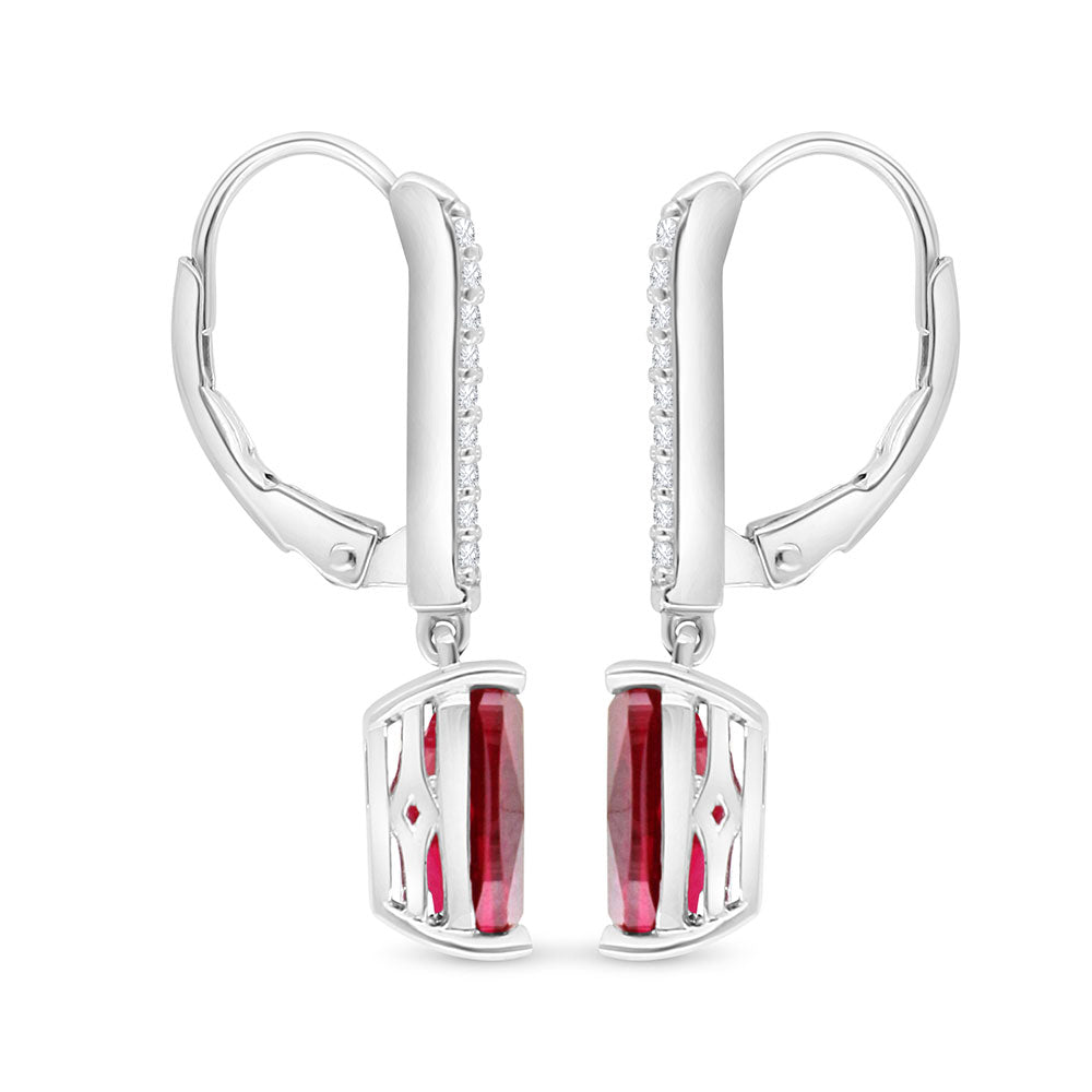 Sterling Silver 925 Earring Rhodium Plated Embedded With Ruby Corundum And White Zircon
