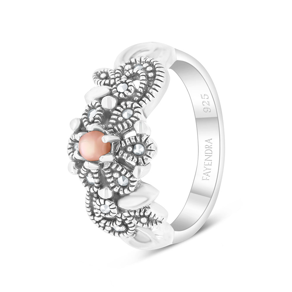 Sterling Silver 925 Set Embedded With Natural Pink Shell And Marcasite Stones