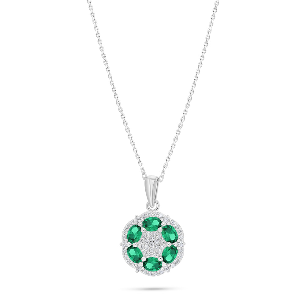 Sterling Silver 925 Necklace Rhodium Plated Embedded With Emerald Zircon And White Zircon