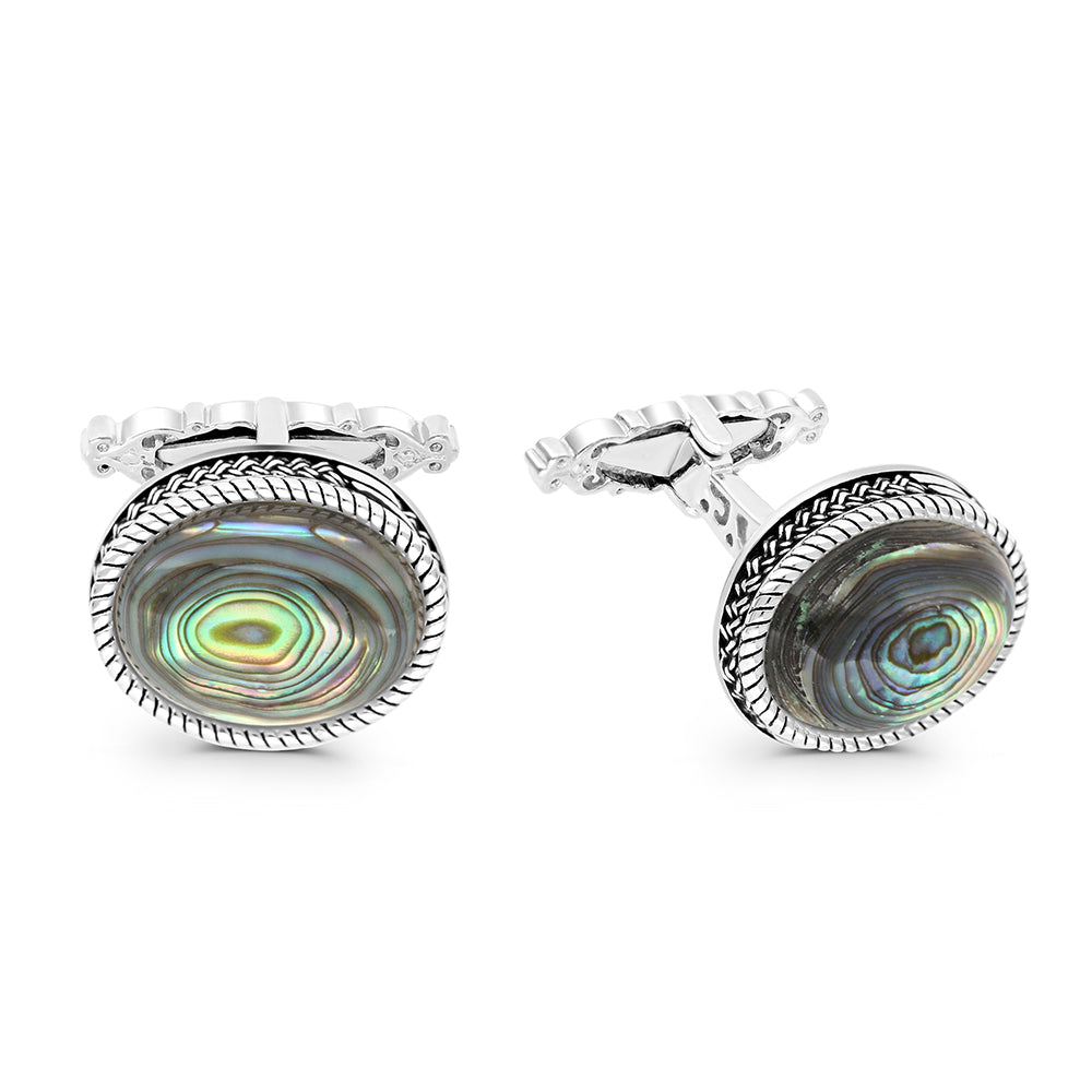 Sterling Silver 925 Cufflink Rhodium And Black Plated Embedded With Blue Shell