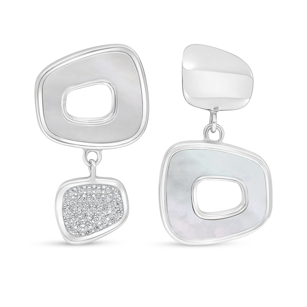 Sterling Silver 925 Earring Rhodium Plated Embedded With White shell And White Zircon