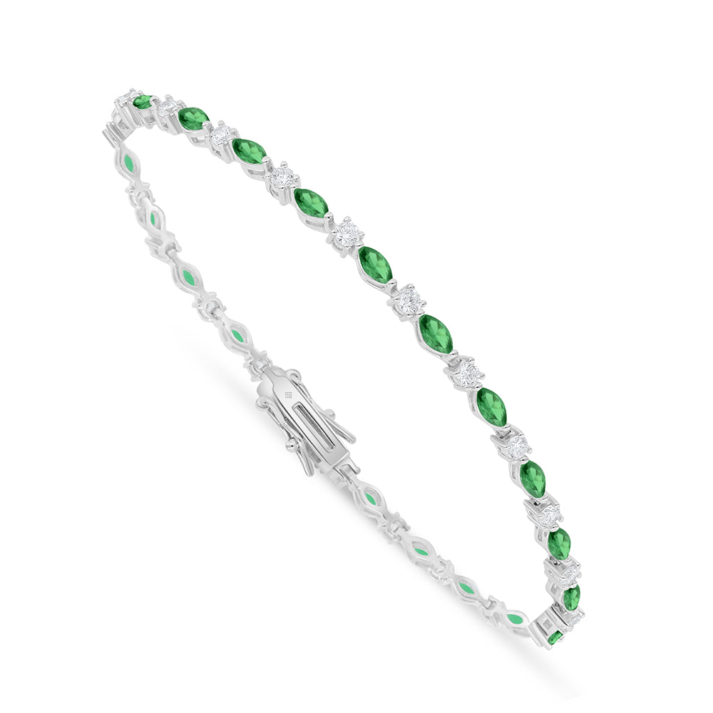 Sterling Silver 925 Bracelet Rhodium Plated Embedded With Emerald Zircon And White Zircon