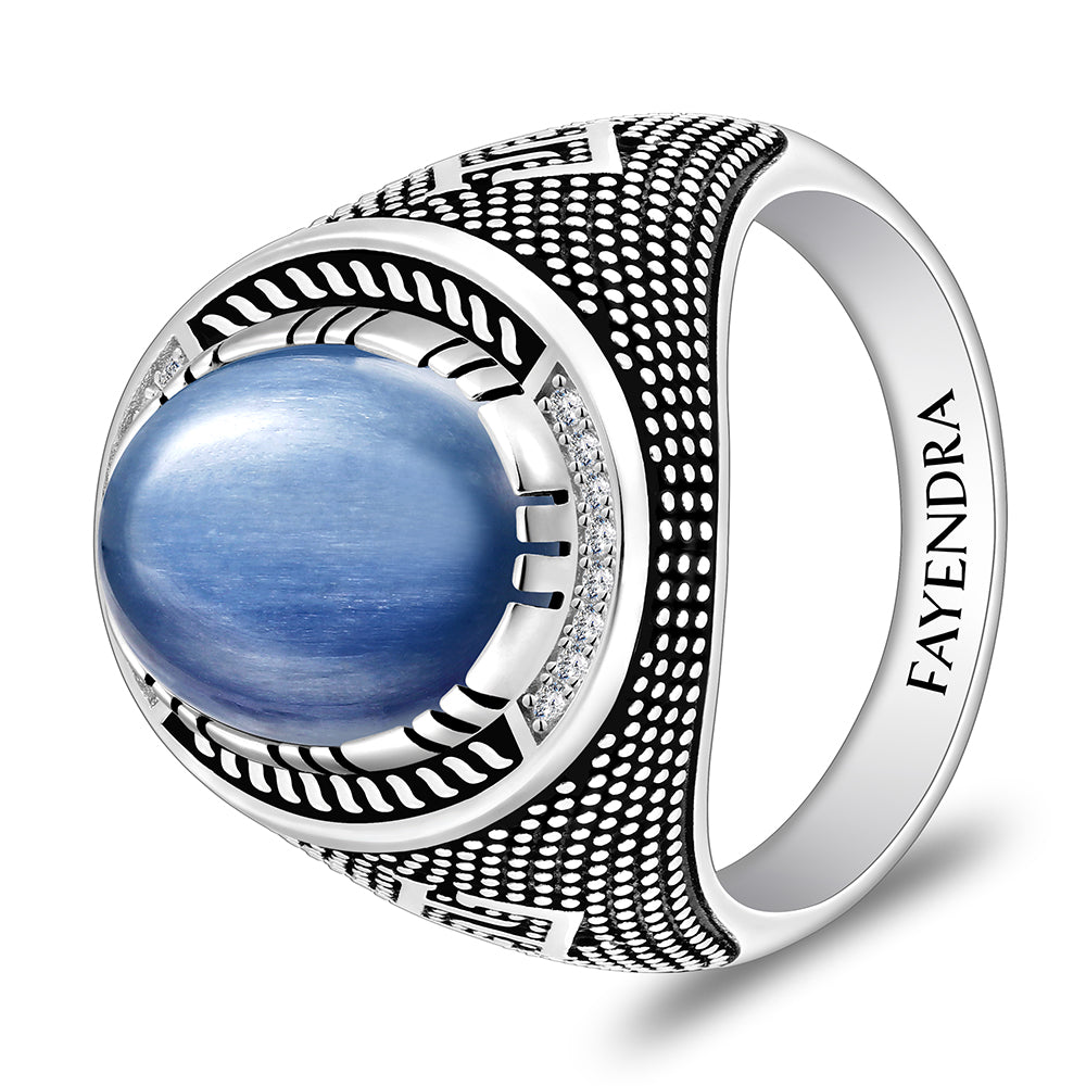 خاتم رجالي من الفضة الخالصة عيار 925 مطلي روديوم و اسود مرصع احجار كيانيت طبيعي كابشون و فص ابيض