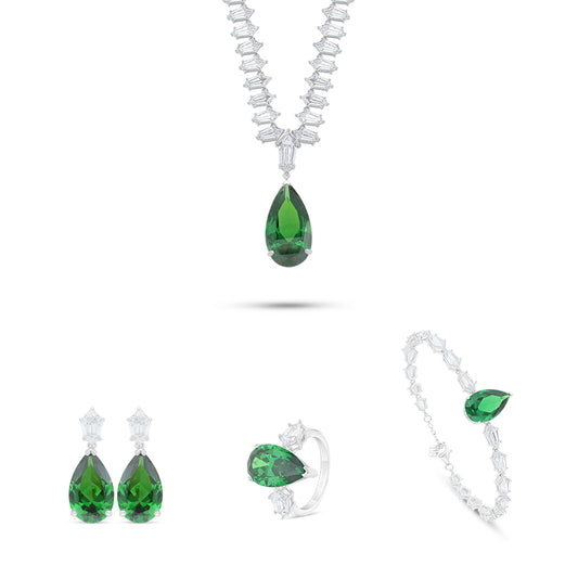 Sterling Silver 925 SET Rhodium Plated Embedded With Emerald Zircon And White Zircon