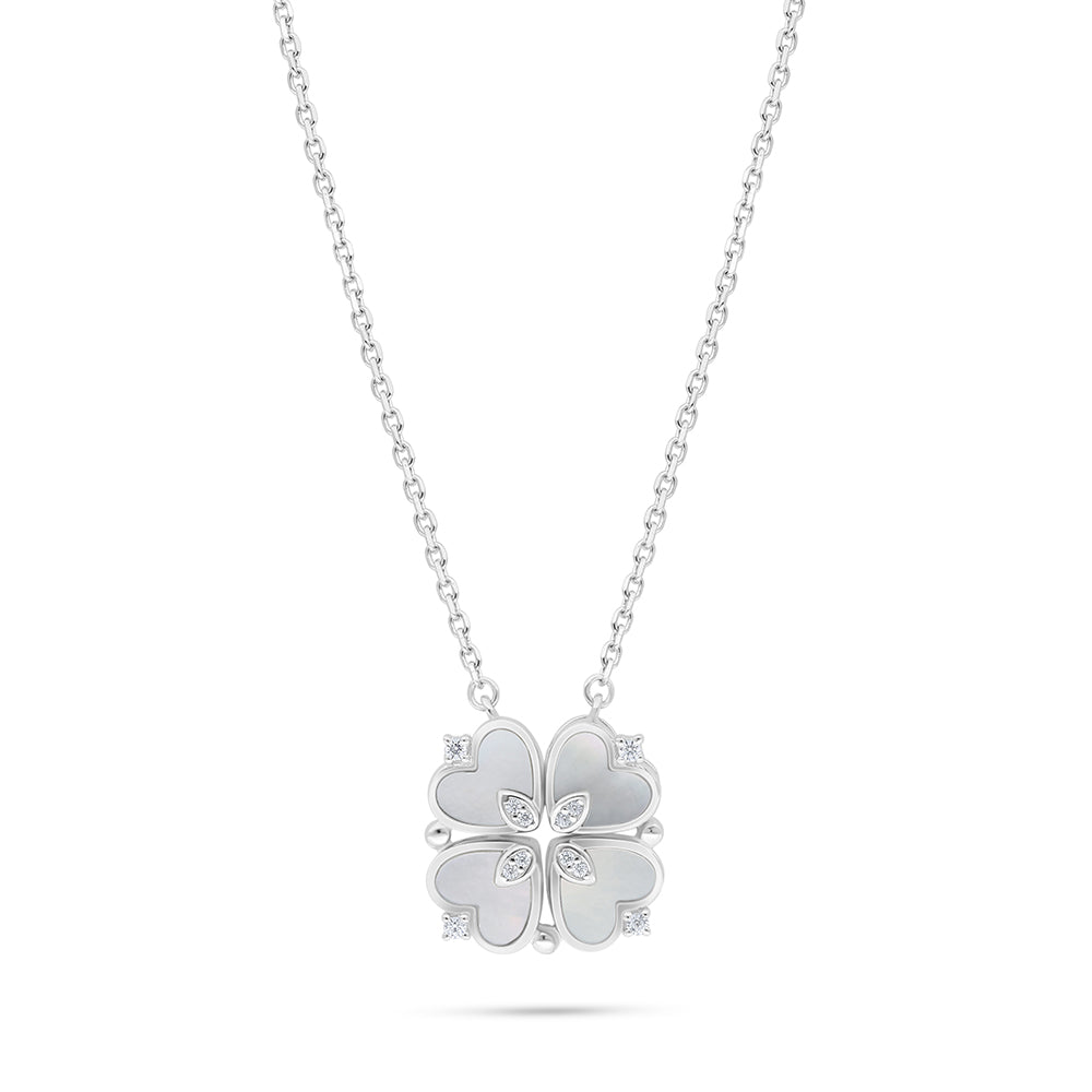 Sterling Silver 925 Necklace Rhodium Plated Embedded With White Shell And White Zircon