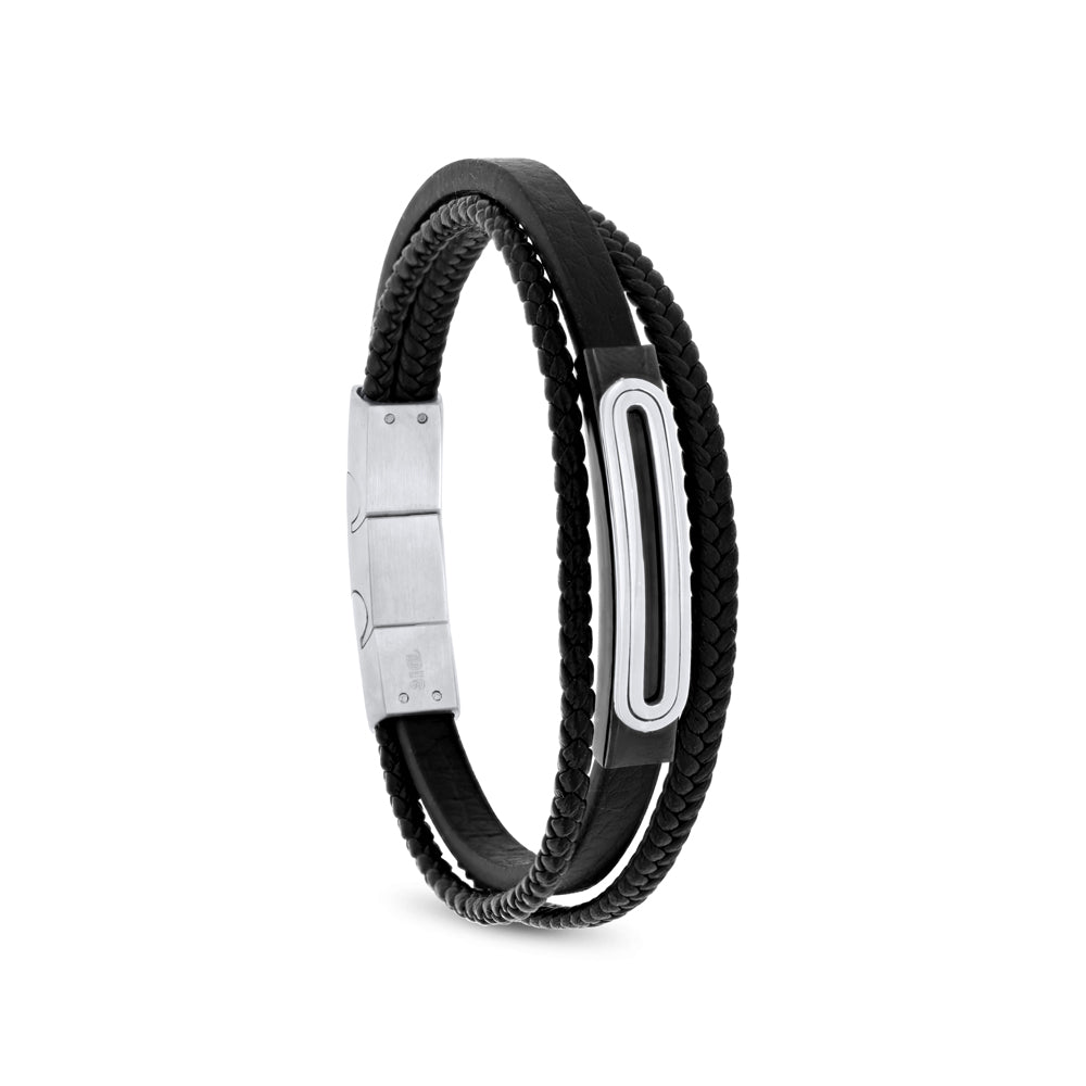 اسورة رجالي ستانلس ستيل لون فضي جلد اسود عيار 316L