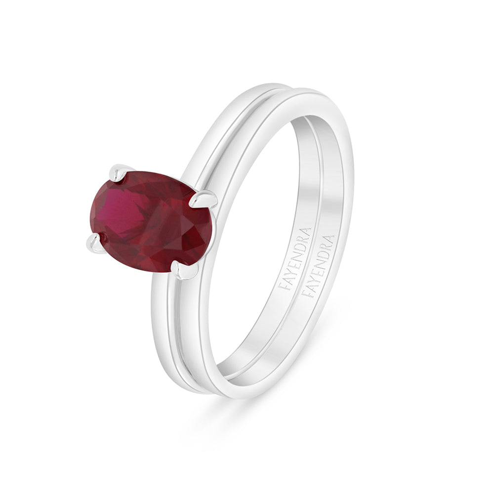Sterling Silver 925 Ring (Twins) Rhodium Plated Embedded With Ruby Corundum