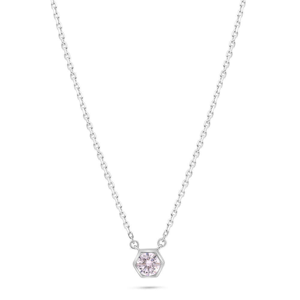Sterling Silver 925 Necklace Rhodium Plated Embedded With Pink Zircon And White Zircon