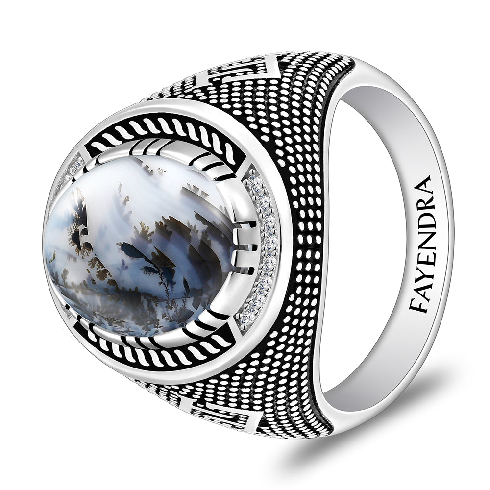 خاتم رجالي من الفضة الخالصة عيار 925 مطلي روديوم و اسود مرصع احجار عقيق مشجر طبيعي كابشون و فص ابيض