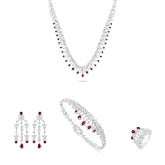 طقم من الفضة الخالصة عيار 925 مطلي روديوم و احجار ياقوت كروندوم و فص ابيض