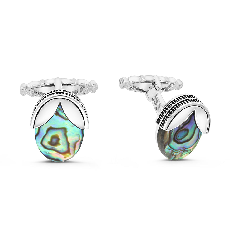 Sterling Silver 925 Cufflink Rhodium And Black Plated Embedded With Blue Shell Flat Stone