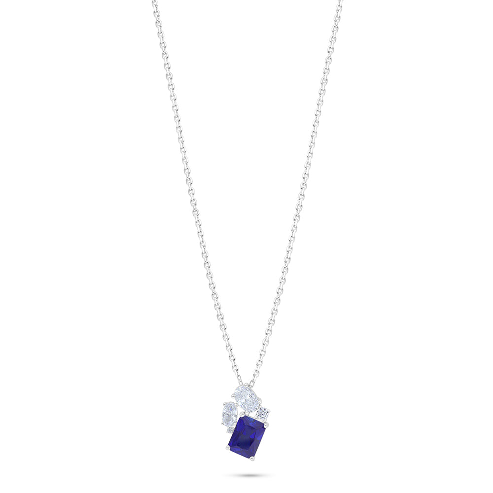 Sterling Silver 925 Necklace Rhodium Plated Embedded With Sapphire Corundum And White Zircon
