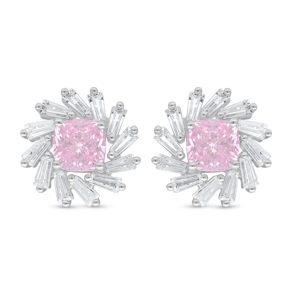 Sterling Silver 925 Earring Rhodium Plated Embedded With Pink Zircon And White Zircon