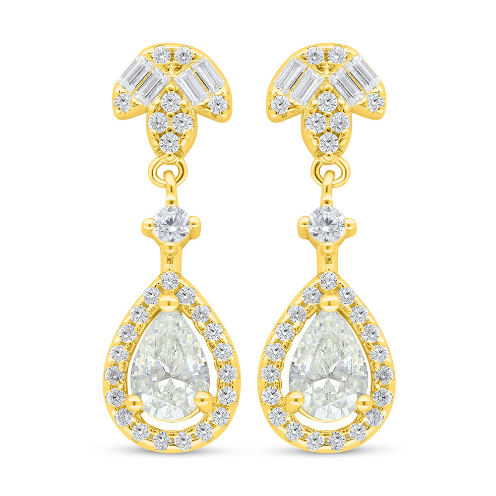 اقراط من الفضة الخالصة عيار 925 مطلية ذهبي مرصعة بالزركون الكناري الالماسي و فص ابيض