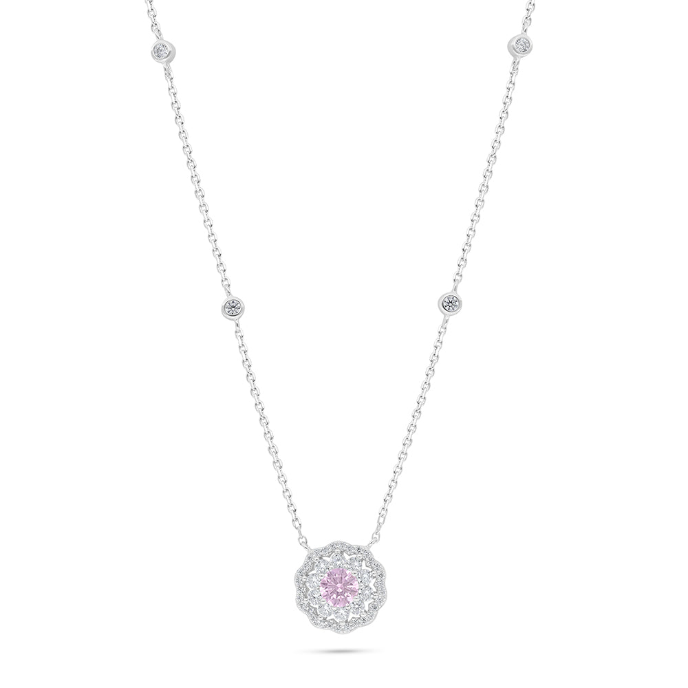 Sterling Silver 925 Necklace Rhodium Plated Embedded With Pink Zircon And White Zircon