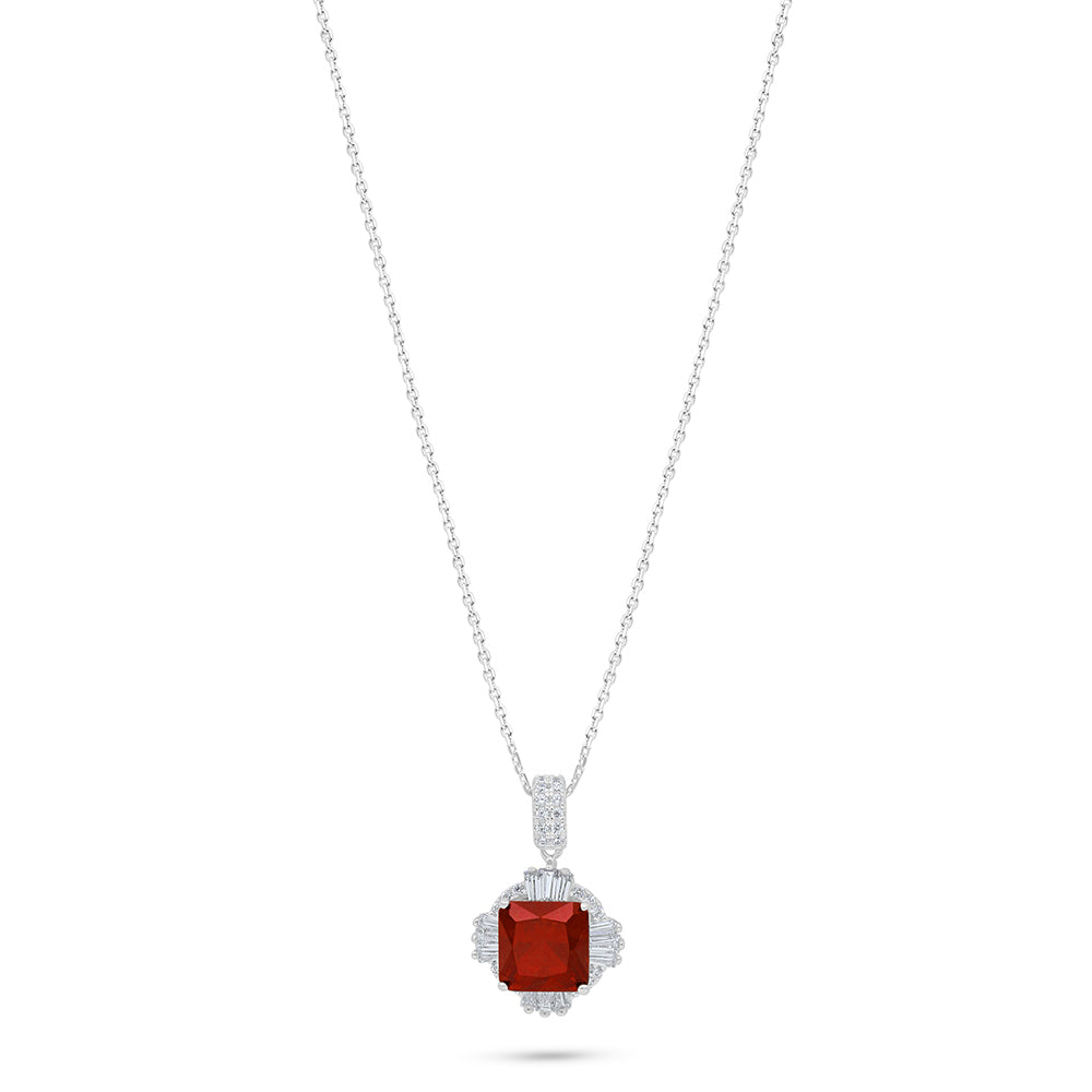 Sterling Silver 925 Necklace Rhodium Plated Embedded With Ruby Corundum And White Zircon
