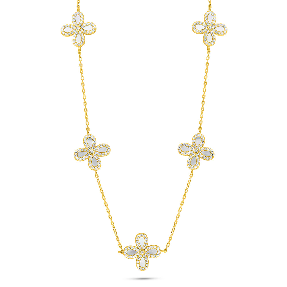 Sterling Silver 925 Necklace Golden Plated Embedded With white Shell And White Zircon