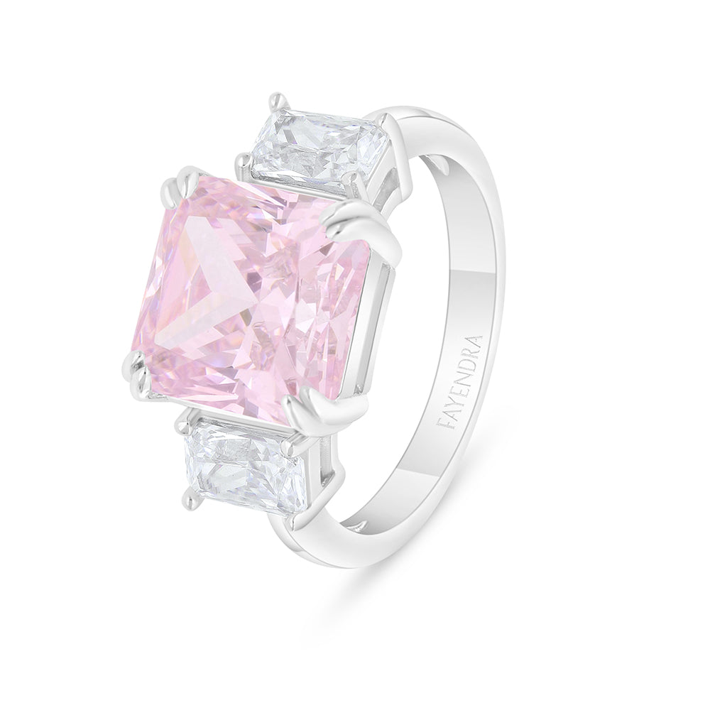 Sterling Silver 925 Ring Rhodium Plated Embedded With Pink Zircon And White Zircon