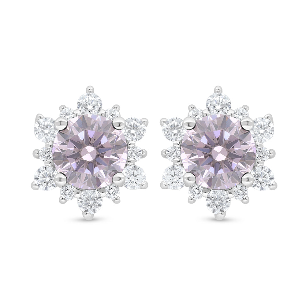 Sterling Silver 925 Earring Rhodium Plated Embedded With Pink Zircon And White Zircon