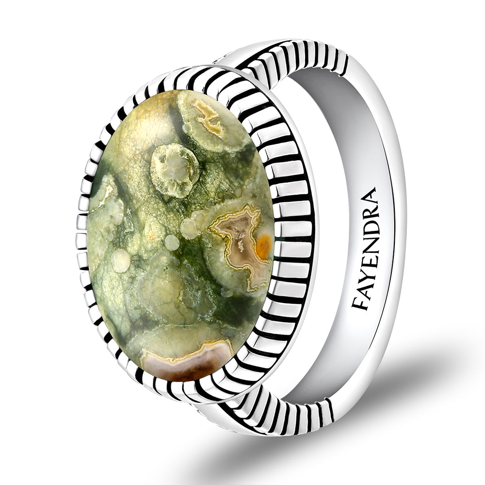 Sterling Silver 925 Ring Rhodium Plated Embedded With RHYOLITE