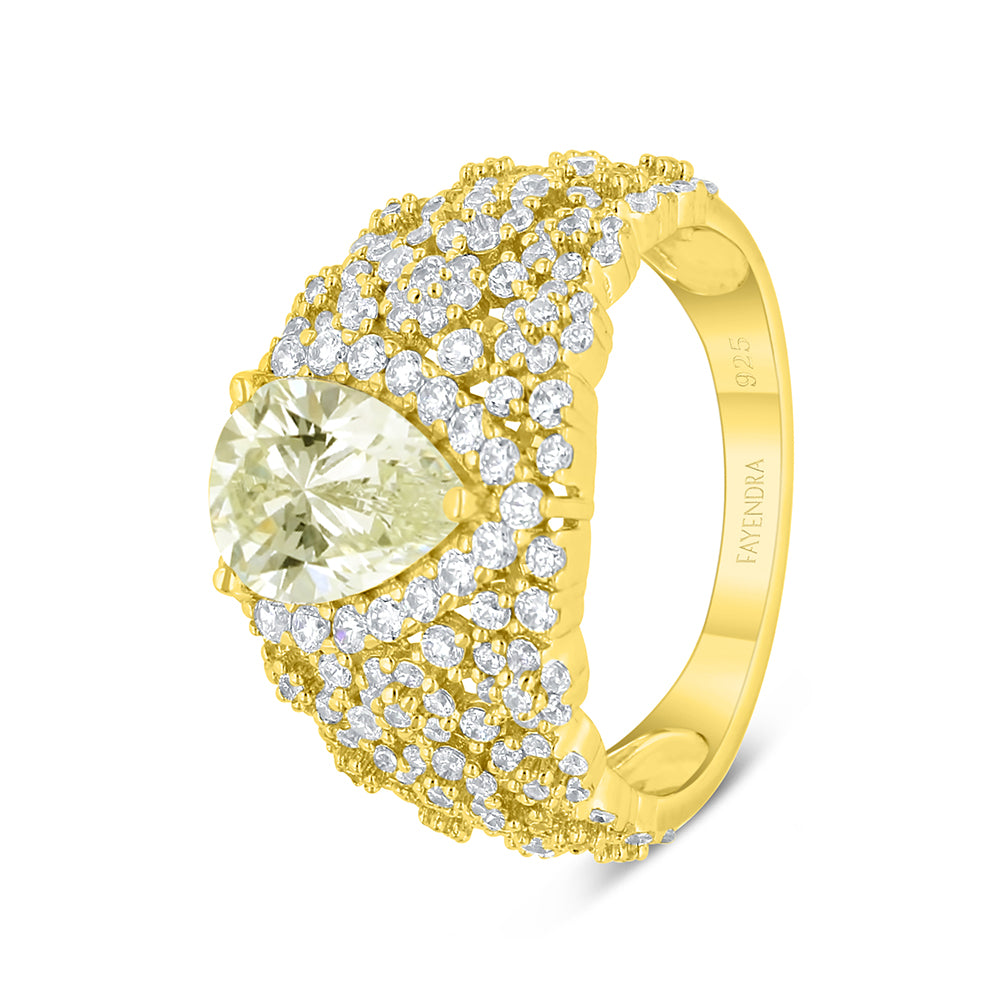 طقم فضة عيار 925 مطلي ذهبي مرصع زركون الكناري الالماسي و فص ابيض