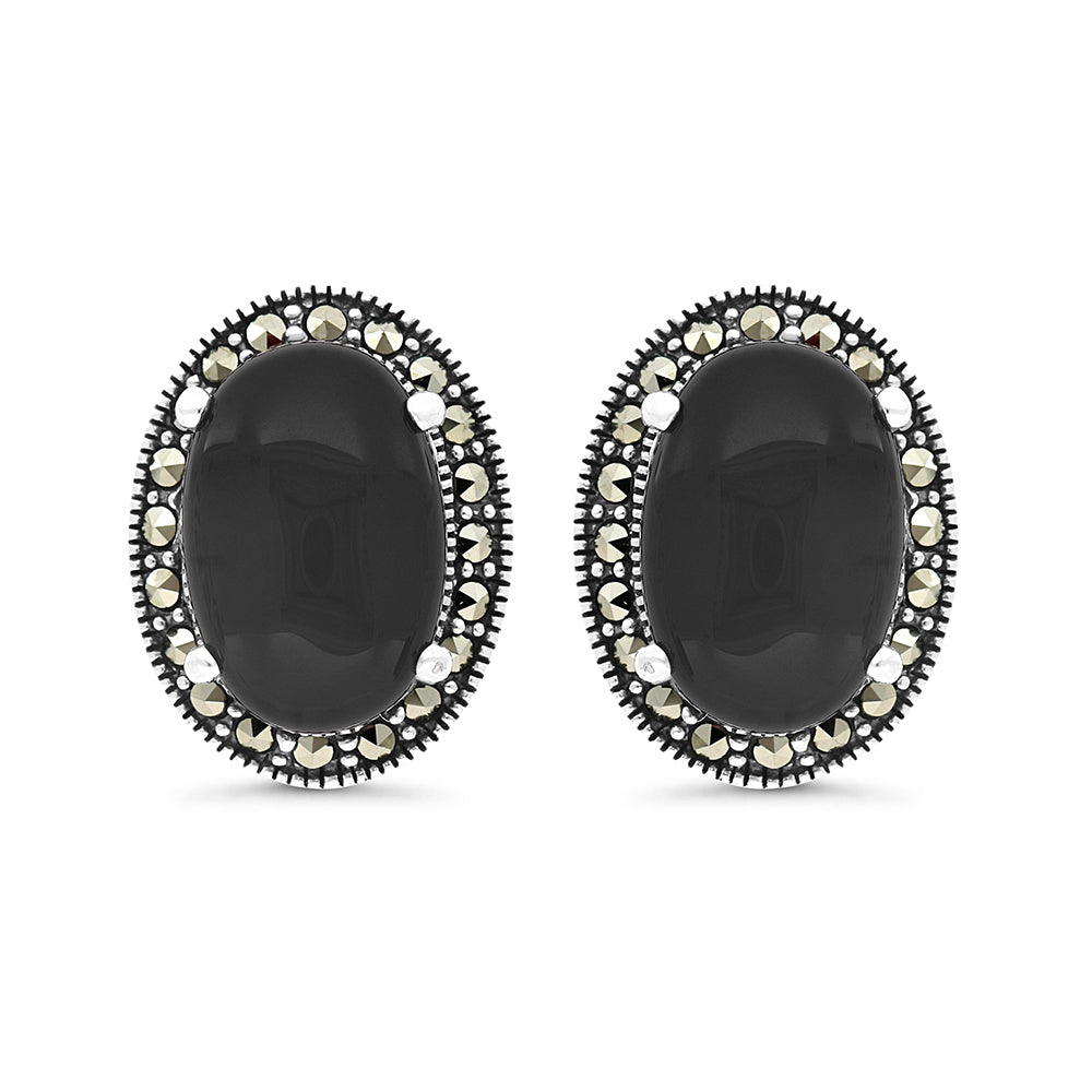Sterling Silver 925 Earring Embedded With Natural Black Agate And Marcasite Stones