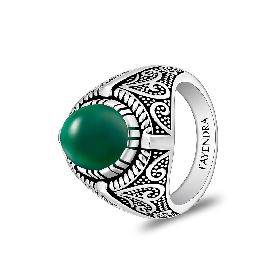 خاتم رجالي من الفضة الخالصة عيار 925 مطلي روديوم و اسود مرصع احجار عقيق جاد اخضر كابشون