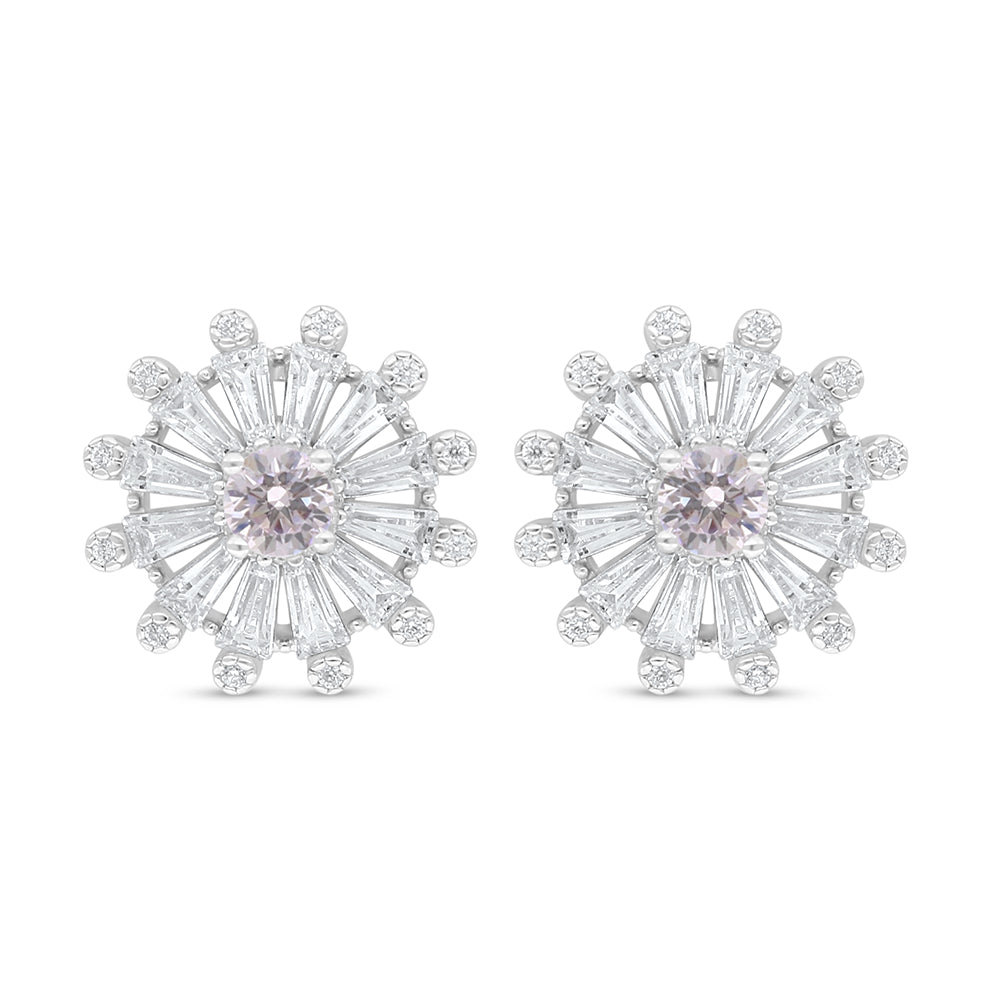 Sterling Silver 925 Earring Rhodium Plated Embedded With Pink Zircon And White Zircon