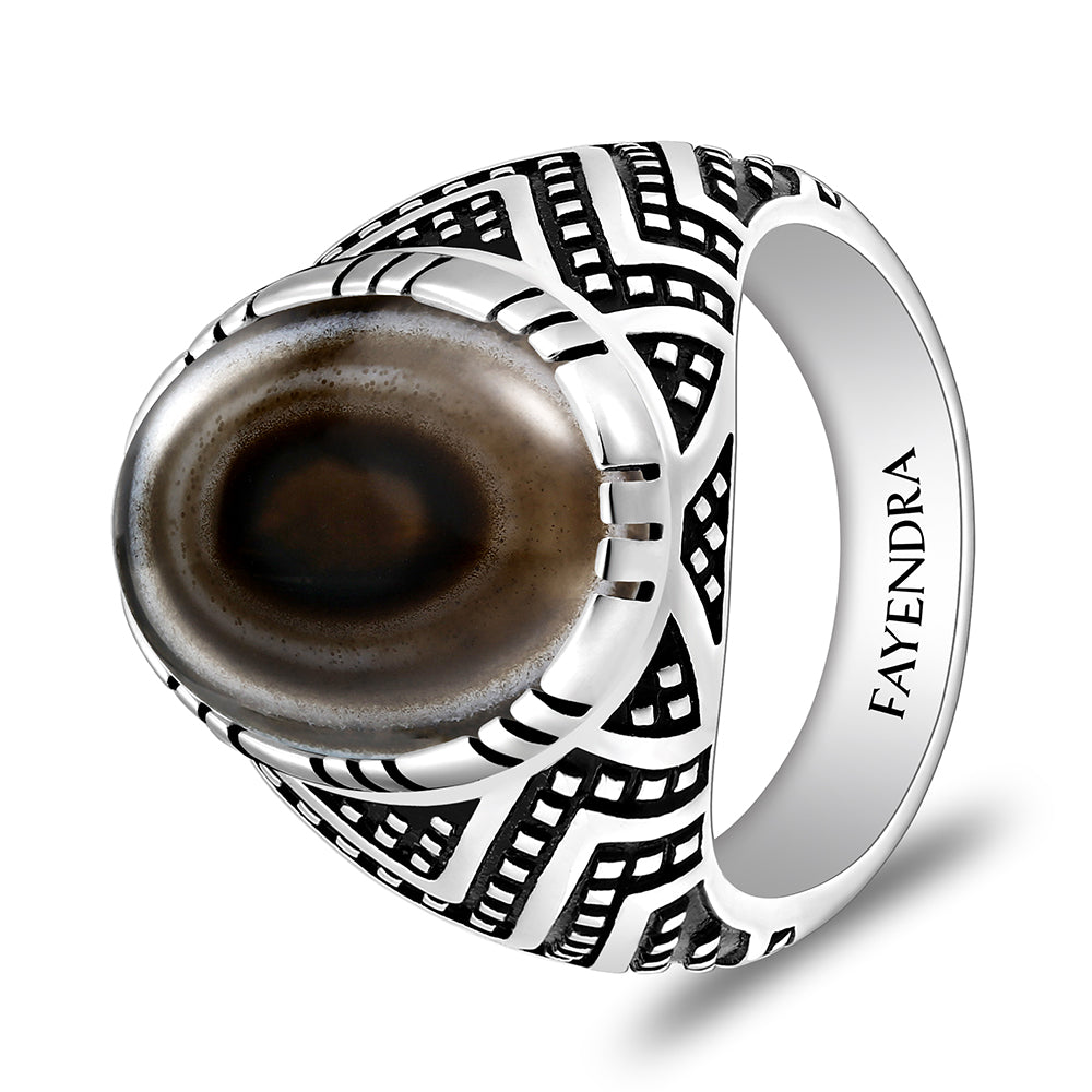 خاتم رجالي من الفضة الخالصة عيار 925 مطلي روديوم و اسود مرصع احجار عقيق سليماني كابشون