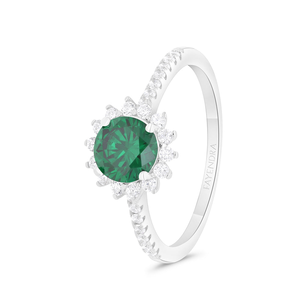 Sterling Silver 925 Ring Rhodium Plated Embedded With Emerald Zircon And White CZ