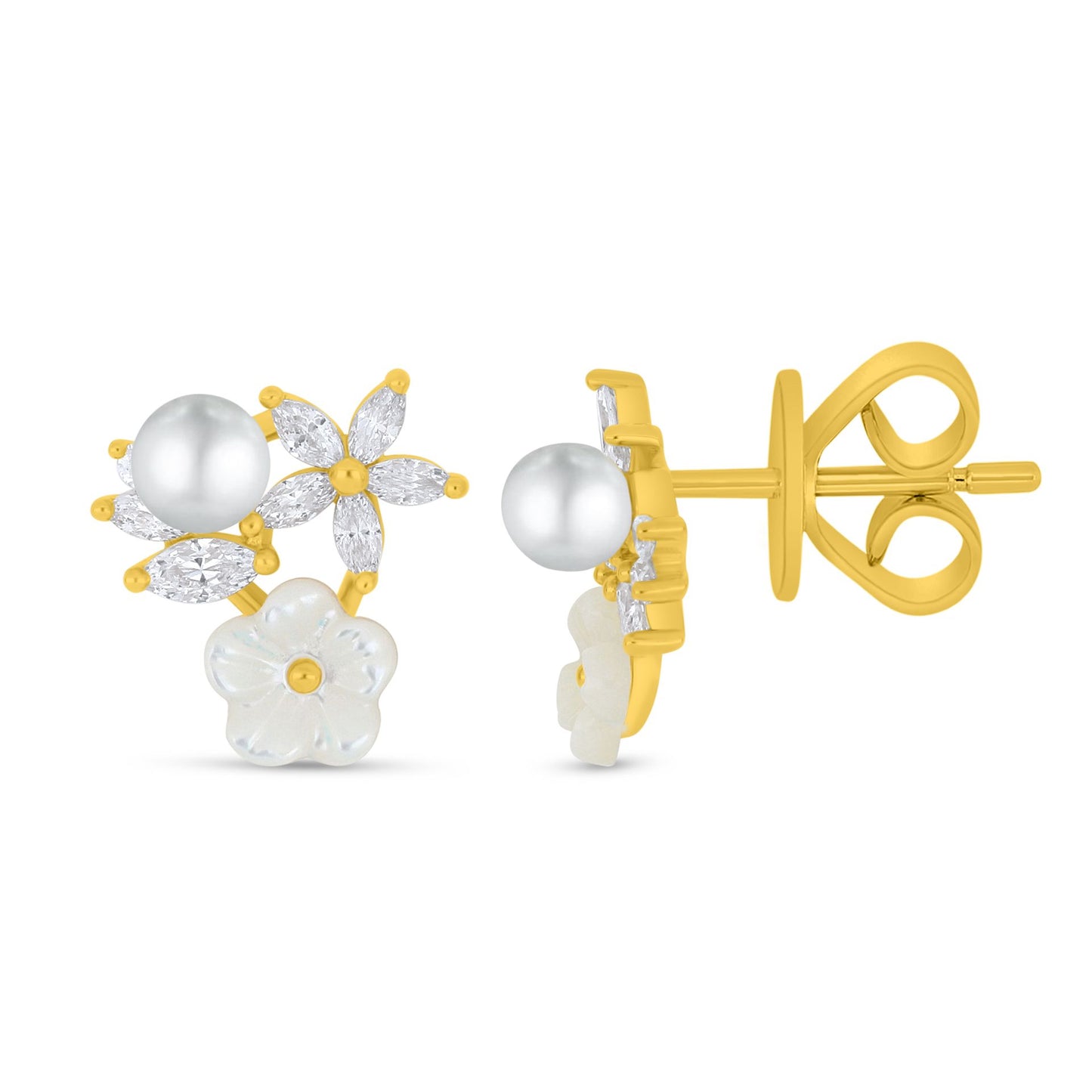 Sterling Silver 925 Earring Golden Plated Embedded With Natural White Pearl And White Shell