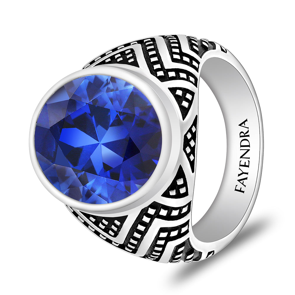 خاتم رجالي من الفضة الخالصة عيار 925 مطلي روديوم و اسود مرصع احجار زفير كروندوم