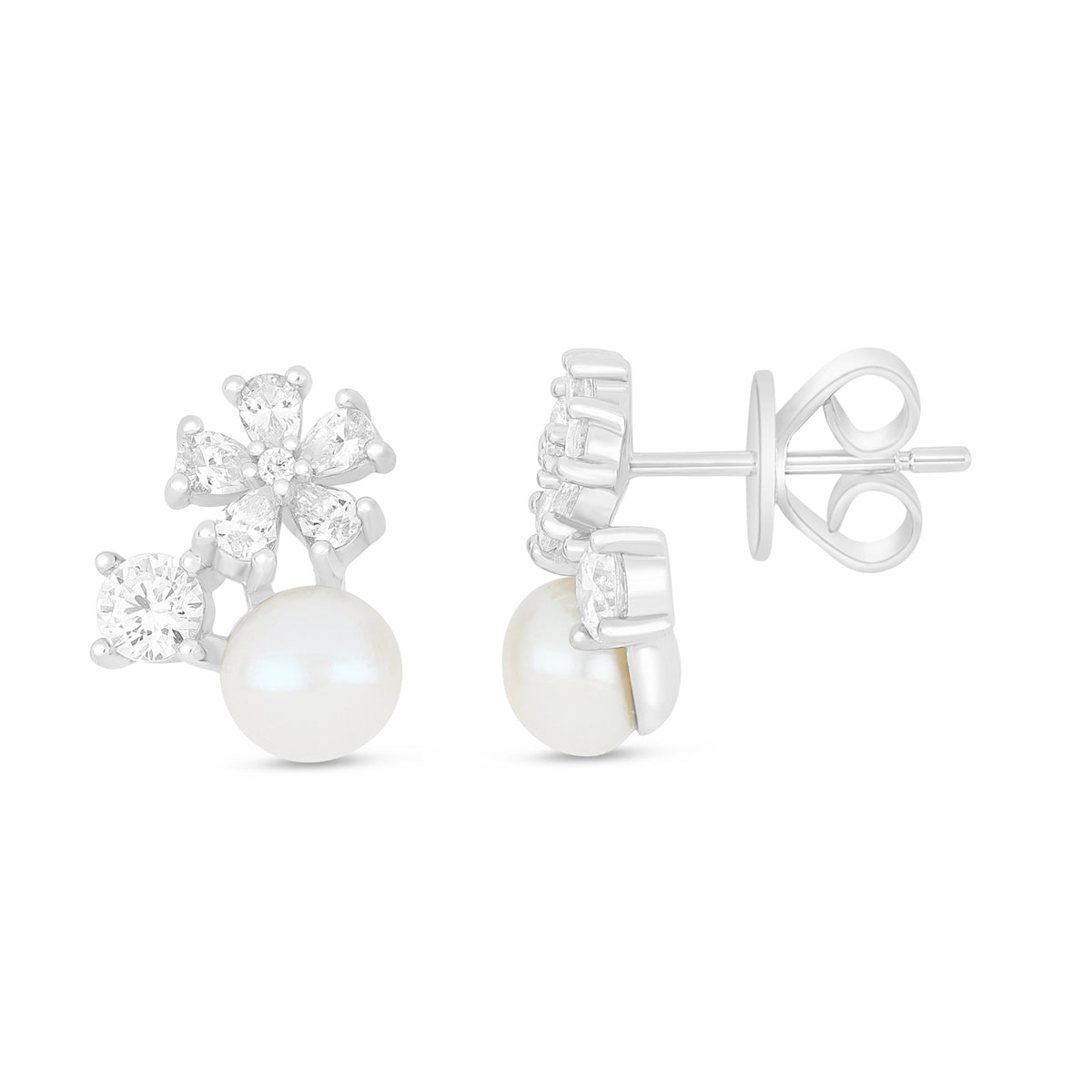 Sterling Silver 925 Earring Rhodium Plated Embedded With Natural White Pearl And White Zircon