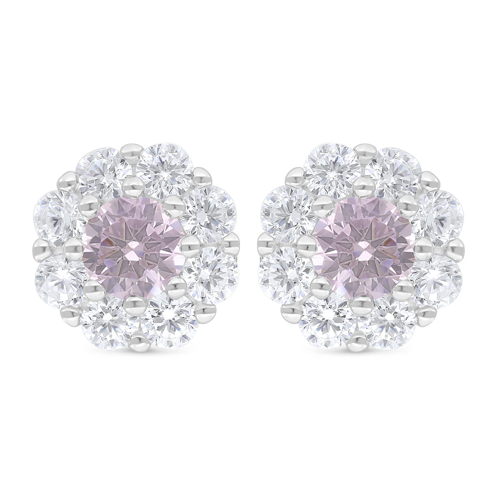 Sterling Silver 925 Earring Rhodium Plated Embedded With Pink Zircon And White Zircon