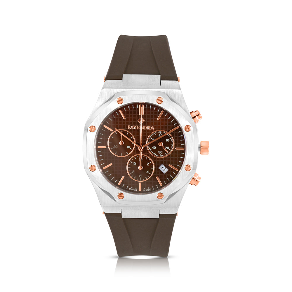 Stainless Steel 316L Watch Silver And Rose Gold Color Embedded With BROWN Rubber For Men - Coffee MOP Dial