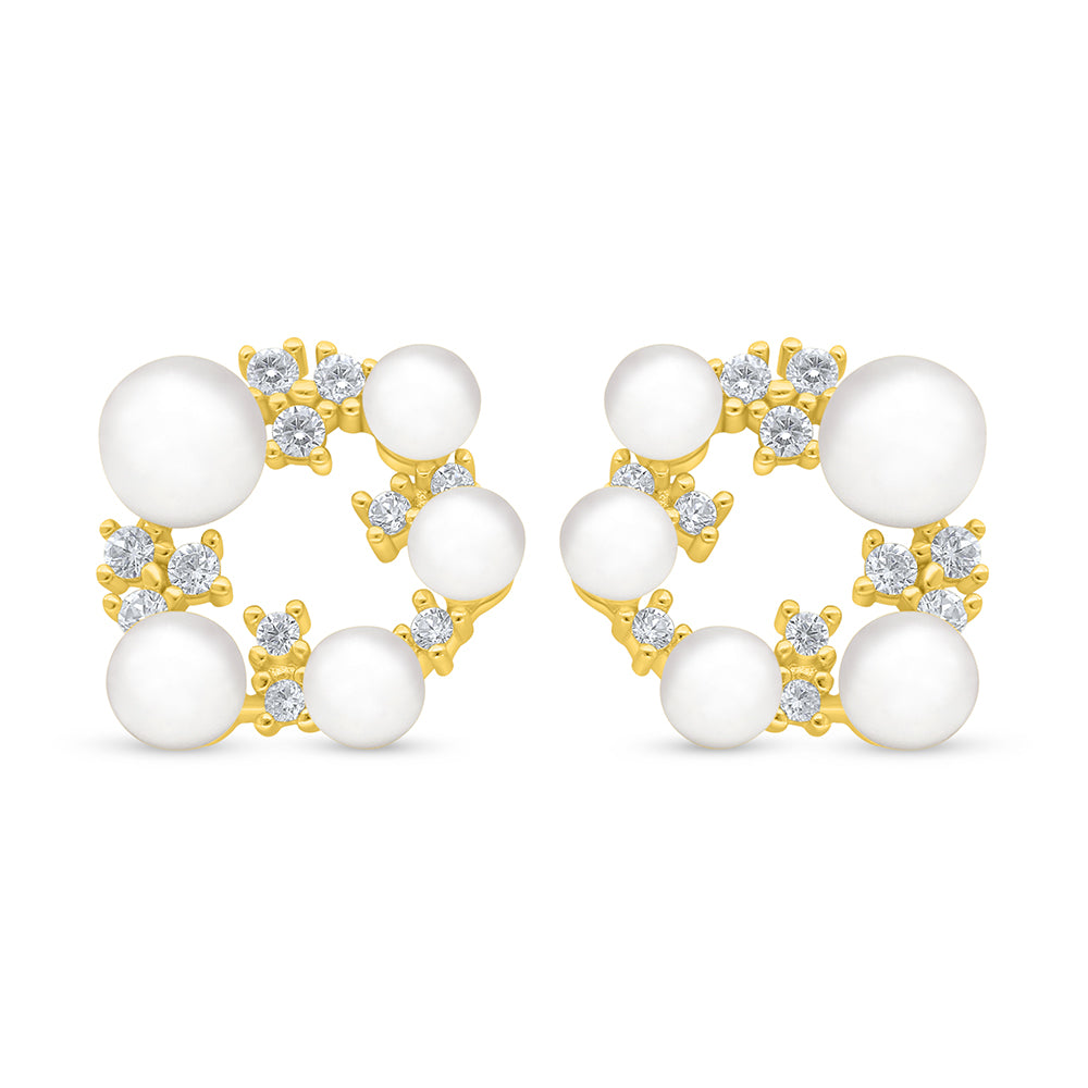 Sterling Silver 925 Earring Golden Plated Embedded With Natural White Pearl And  White Zircon