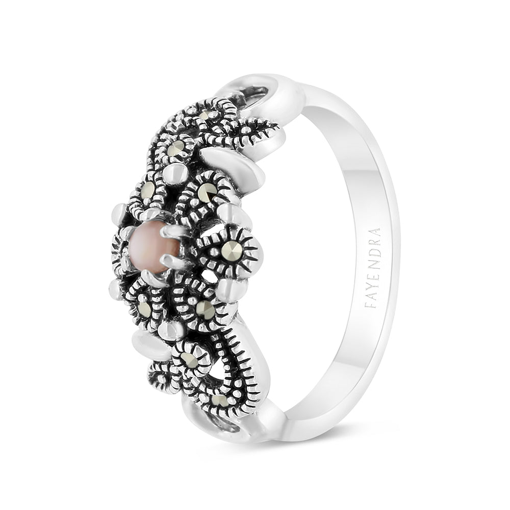 Sterling Silver 925 Ring Embedded With Natural Pink Shell And Marcasite Stones