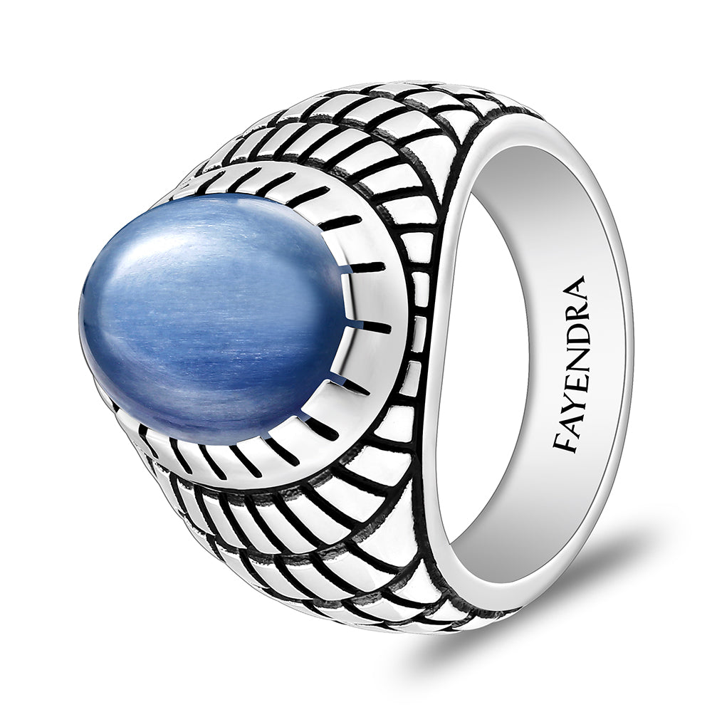 خاتم رجالي من الفضة الخالصة عيار 925 مطلي روديوم و اسود مرصع احجار كيانيت طبيعي كابشون